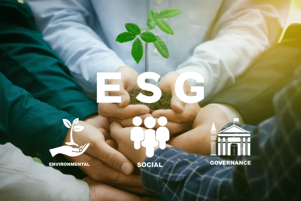 Hands holding a growing plant symbolizing sustainability, reflecting the principles of an ESG reporting framework