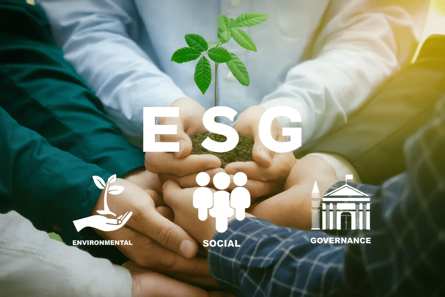 Hands holding a growing plant symbolizing sustainability, reflecting the principles of an ESG reporting framework