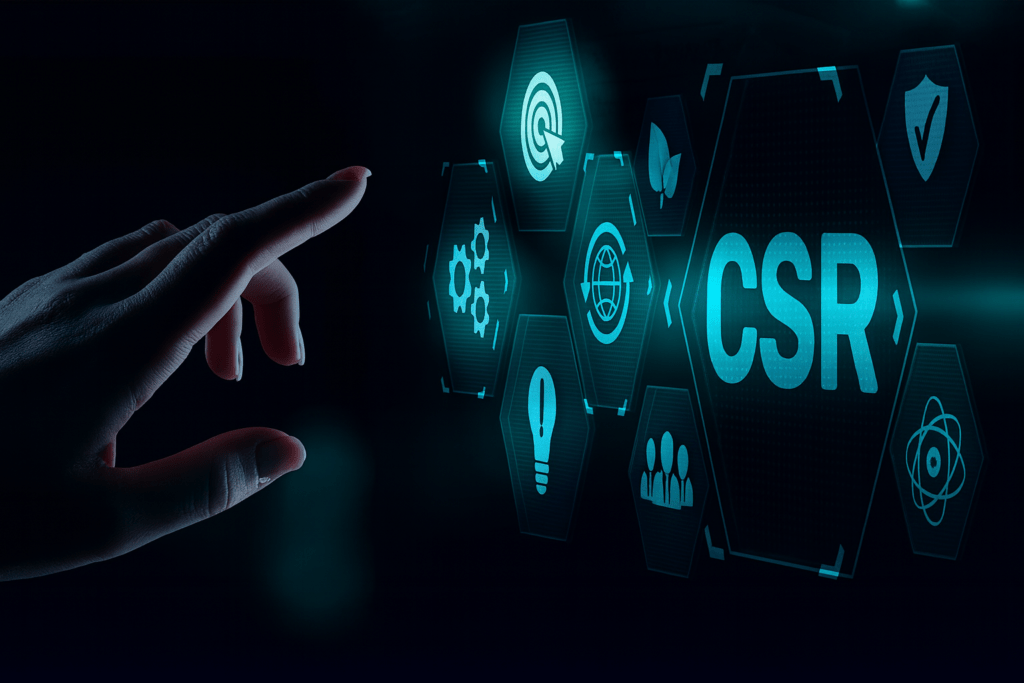 Digital interface showing icons for sustainability, governance, and social impact with a hand interacting with a CSR technology dashboard.
