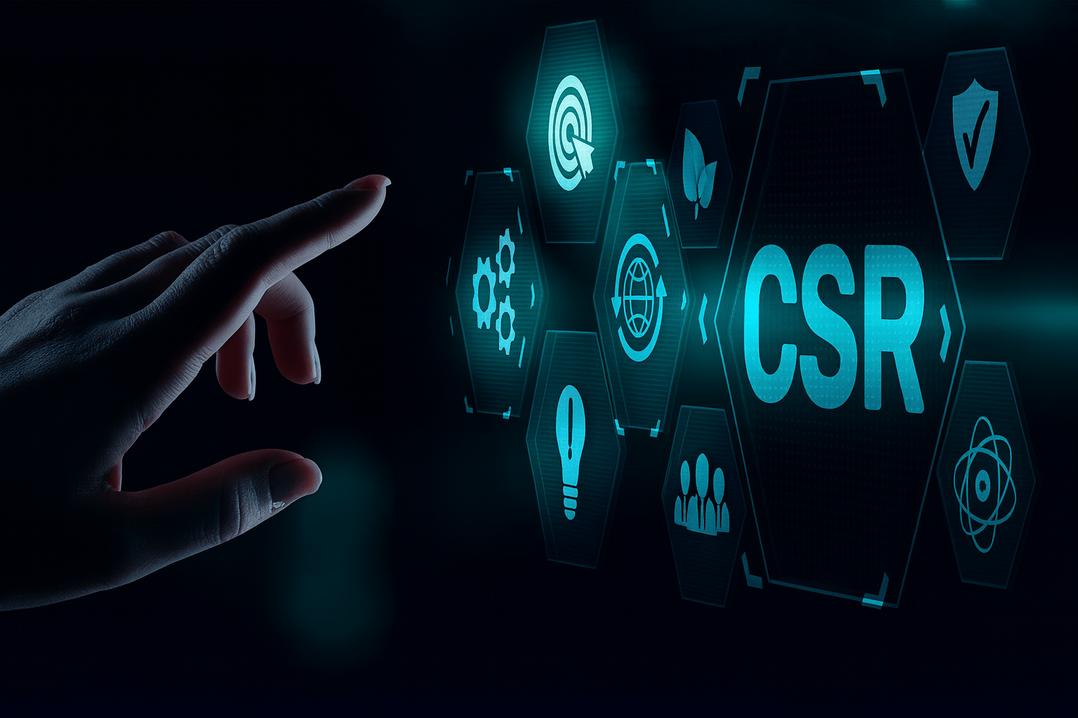 Digital interface showing icons for sustainability, governance, and social impact with a hand interacting with a CSR technology dashboard.