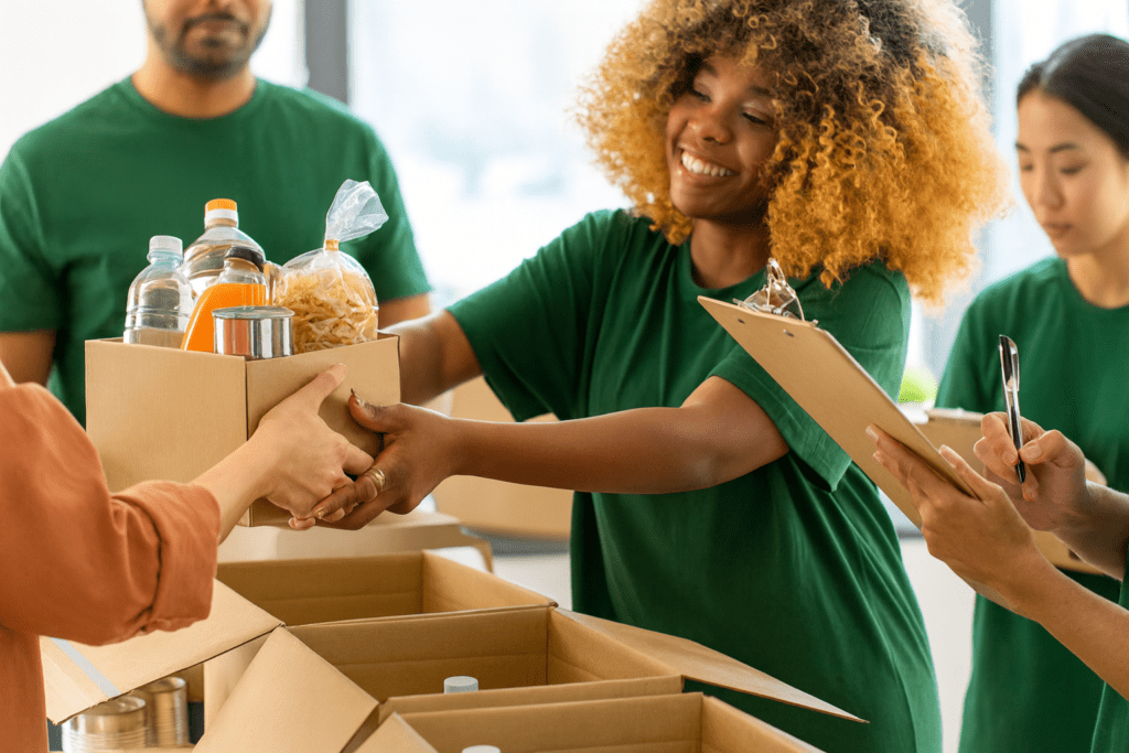 A woman participating in a corporate volunteering activity, handing a box of food supplies to someone while other volunteers pack donations.